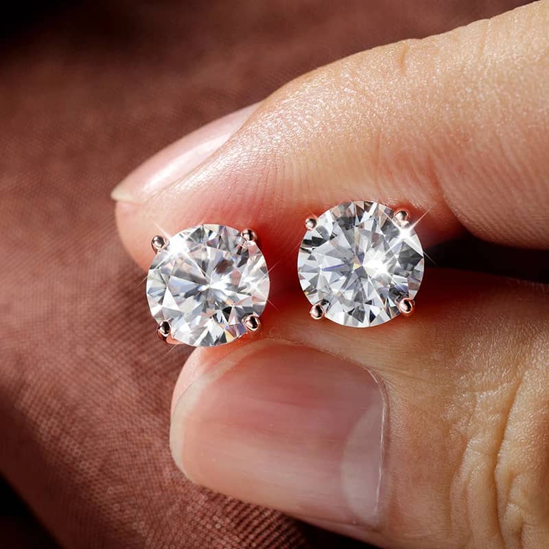 The Radiant Duo Studs – 0.4ctw to 6.0ctw Round Brilliant Moissanite in 18K Rose Gold Finished Silver - Thumbnail 2