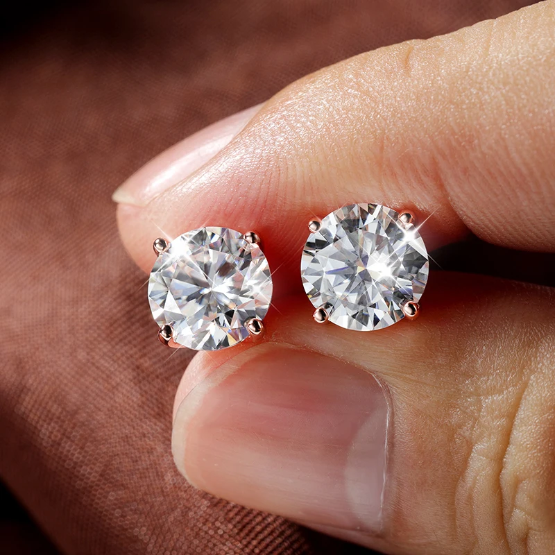 The Radiant Duo Studs – 0.4ctw to 6.0ctw Round Brilliant Moissanite in 18K Rose Gold Finished Silver - Thumbnail 2