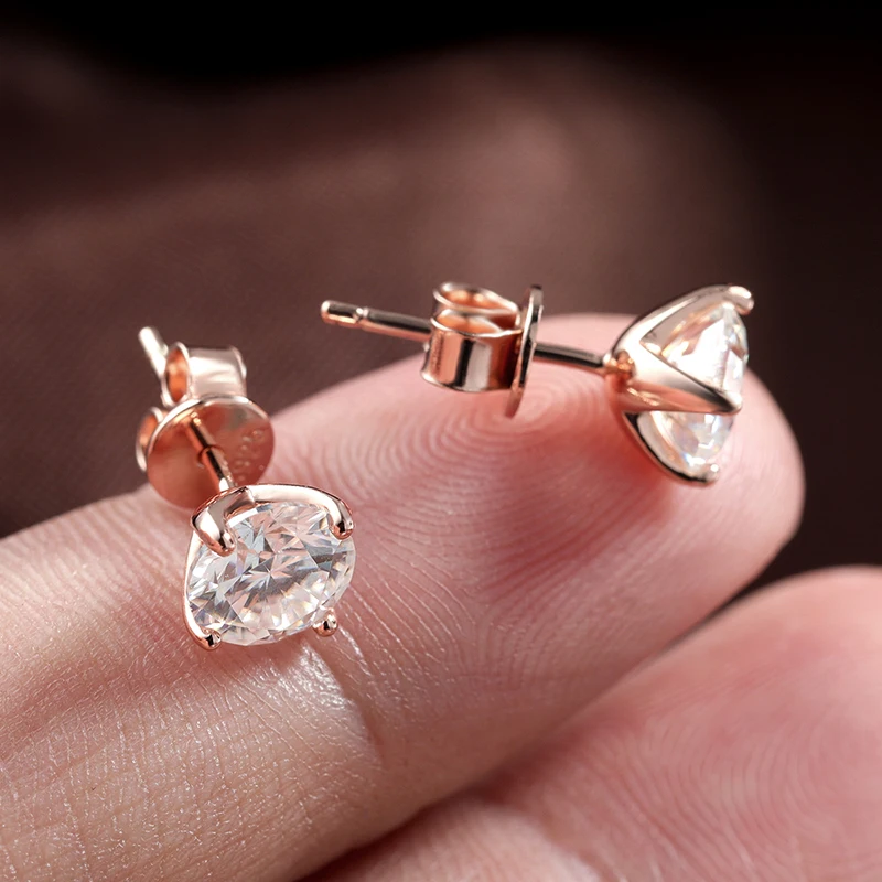 The Radiant Duo Studs – 0.4ctw to 6.0ctw Round Brilliant Moissanite in 18K Rose Gold Finished Silver - Thumbnail 3