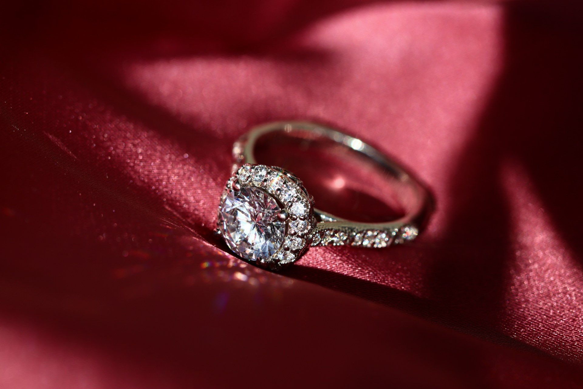 Detail of a moissanite engagement ring