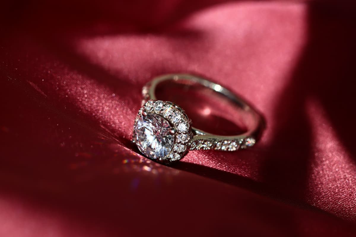 Detail of a moissanite engagement ring