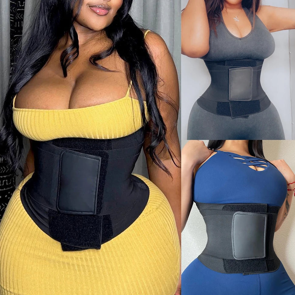 a woman in a yellow dress with a black waist trainer belt