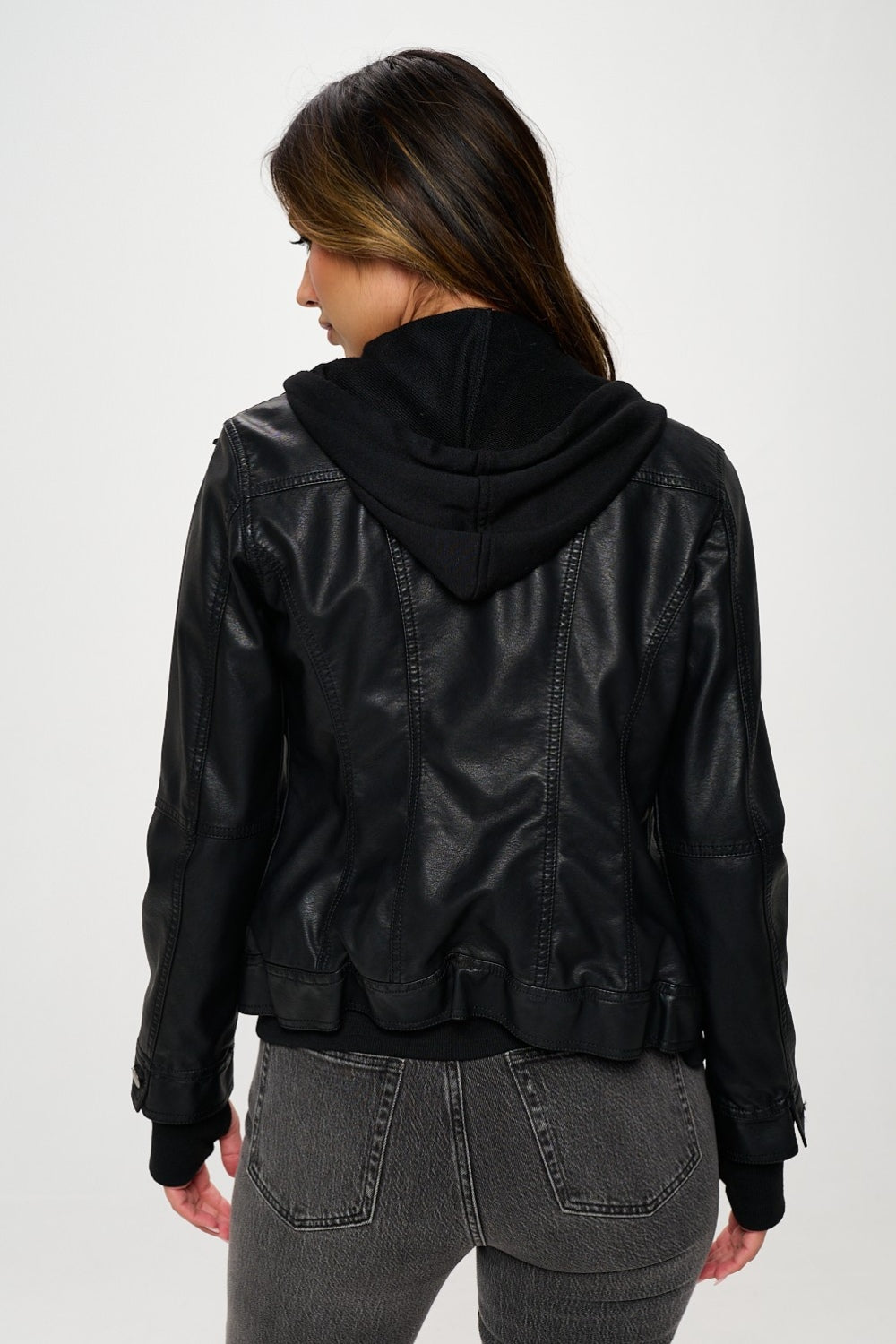 Double Zip Hooded Vegan Leather Jacket