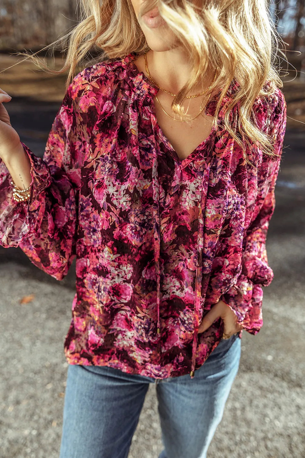 Printed Tie Neck Ruffle Sleeve Blouse