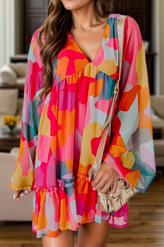 Color Block V-Neck Long Sleeve Shift Dress