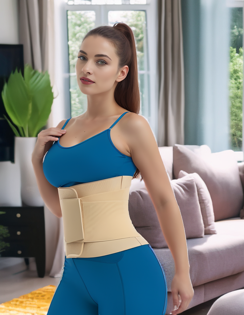 a woman in a blue top and leggings and a beige waist trainer belt