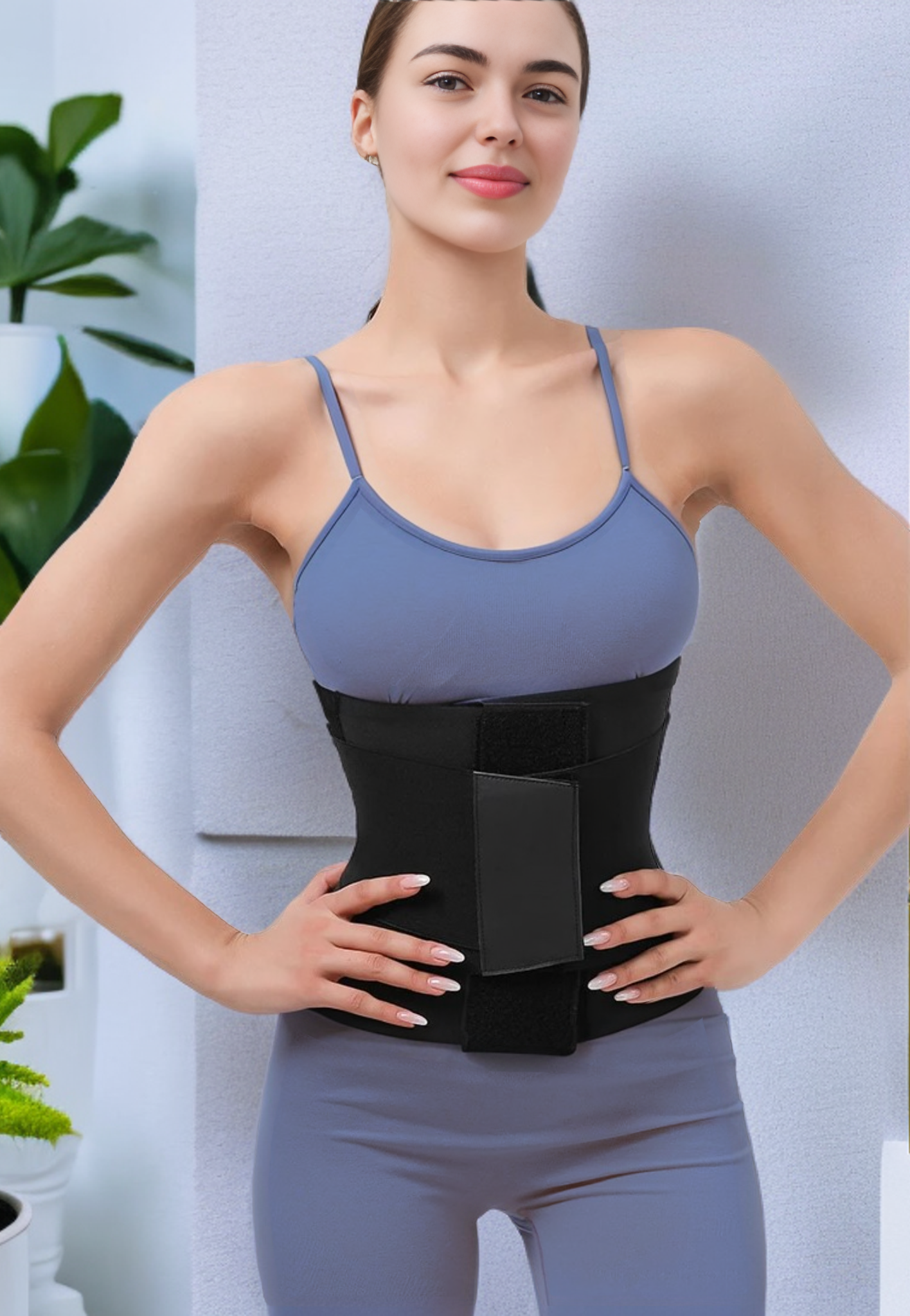 a woman wearing a black waist trainer belt