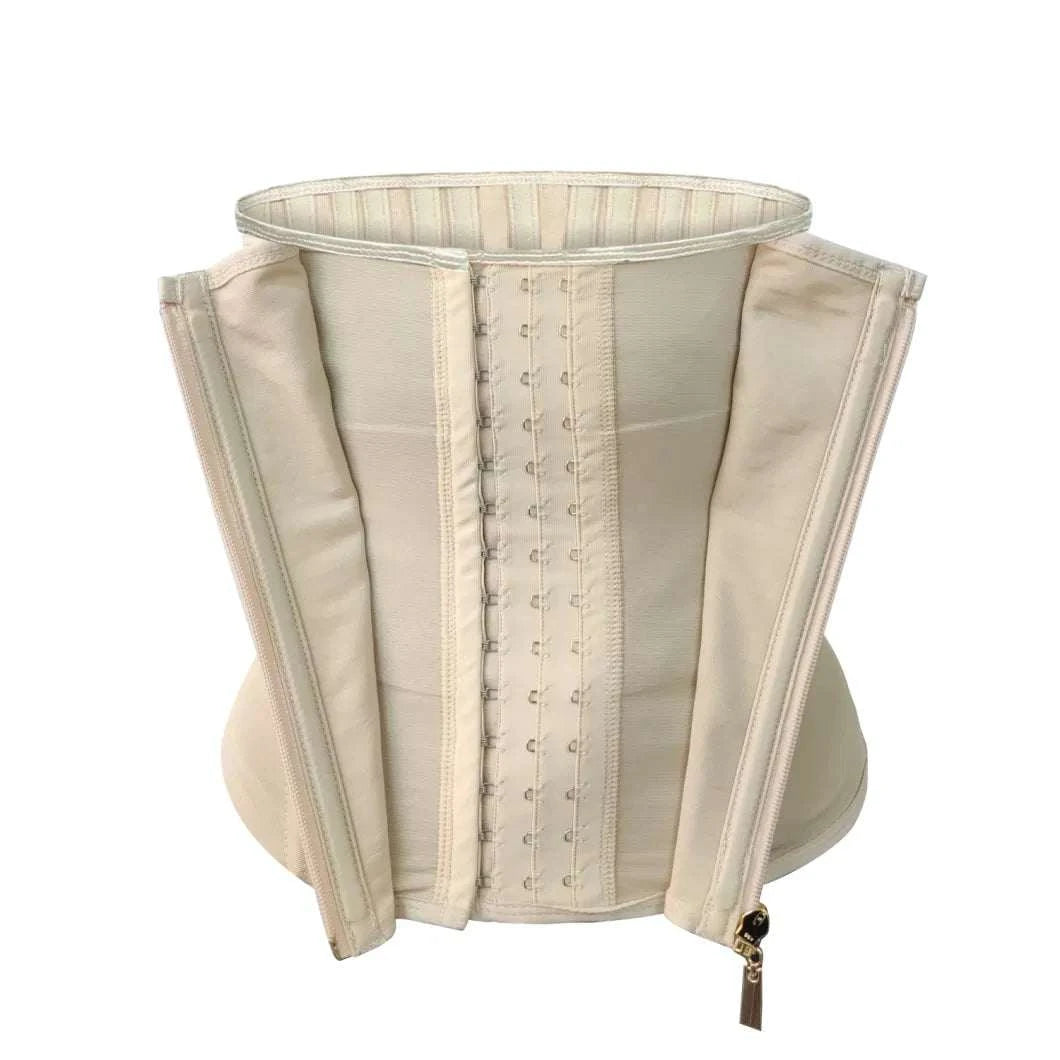 a beige Enviable Beauty fajas colombianas strapless waist trainer on a white background