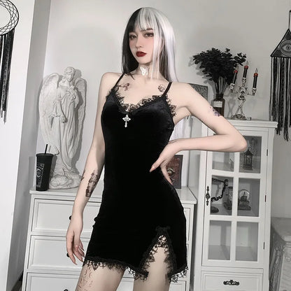 High Waist Slit Dresses Goth Party Dark Cross Black Mini Dress