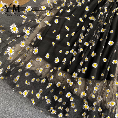 Korean Fashion Daisy Flower Print Mesh Party Dress