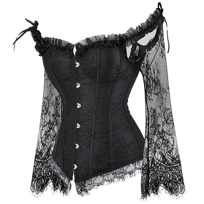 a black corset with lace and buttons