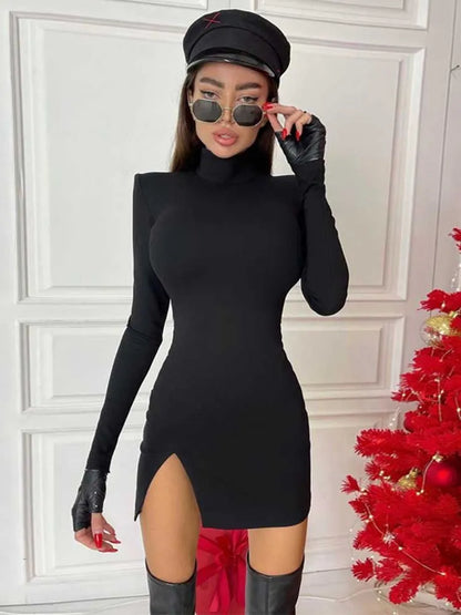 Long Sleeve Bodycon Soild Color Black Slim Package Hip Mini Dress