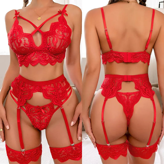 Bra And Panty Garters 3pcs See Through Lingerie Sets