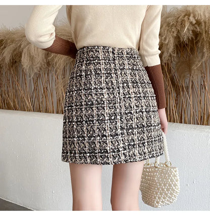 Womens Thick Woolen Pearl Button Front Pocket Glitter Mini Skirt