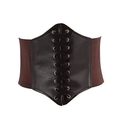 a brown leather corset with laces on the side