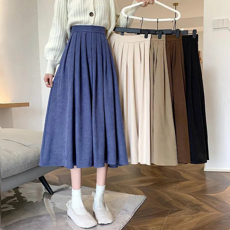 High Waist Pleated Korean Fashion College Style Long Skirt