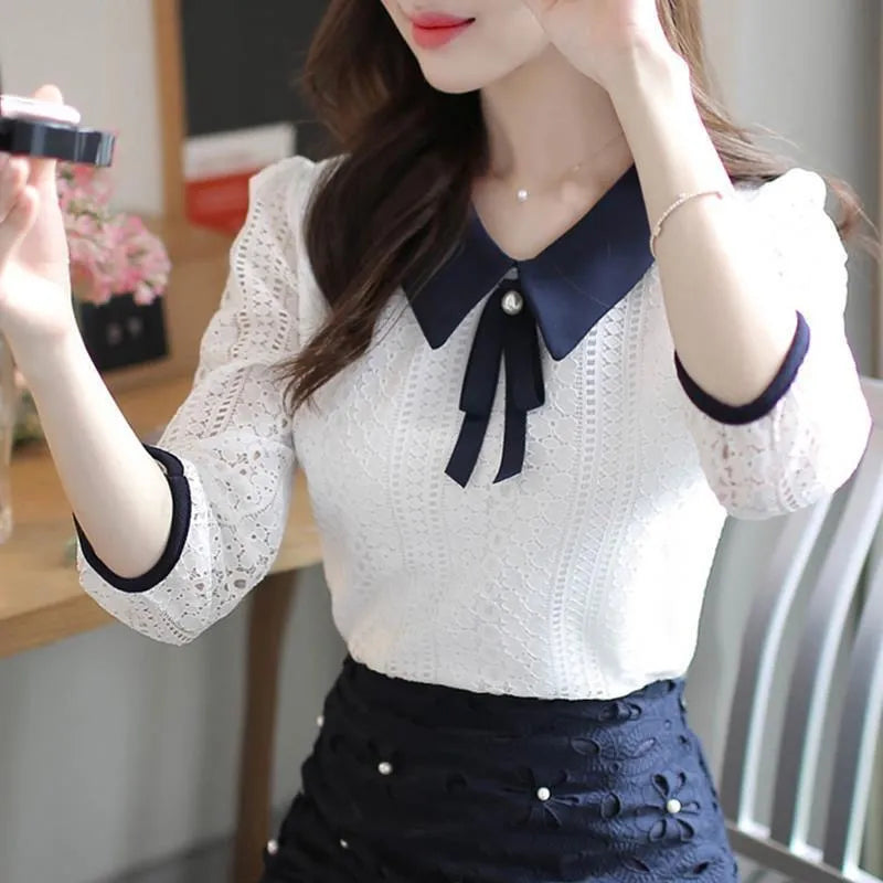 Spring Autumn Style Lace Blouses Shirt Collar Solid Color Half Sleeve Elegant Lace Tops