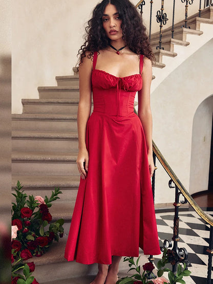 Elegant  A Line Midi Dress Sexy Spaghetti Strap Lace Up Red Holiday Party Dresses