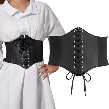 a woman wearing a black corset and a white shirt