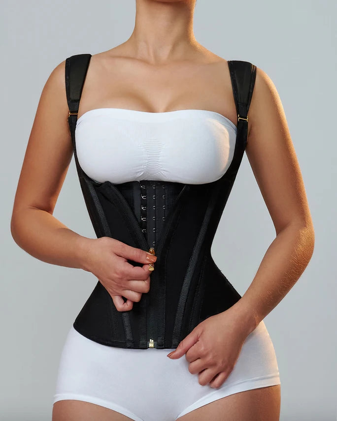 a woman wearing a black Enviable Beauty fajas colombianas classic waist trainer