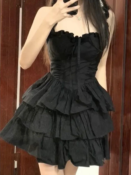 Cute Black Ruffles Soft Girl Cake Party Short Mini Dresses