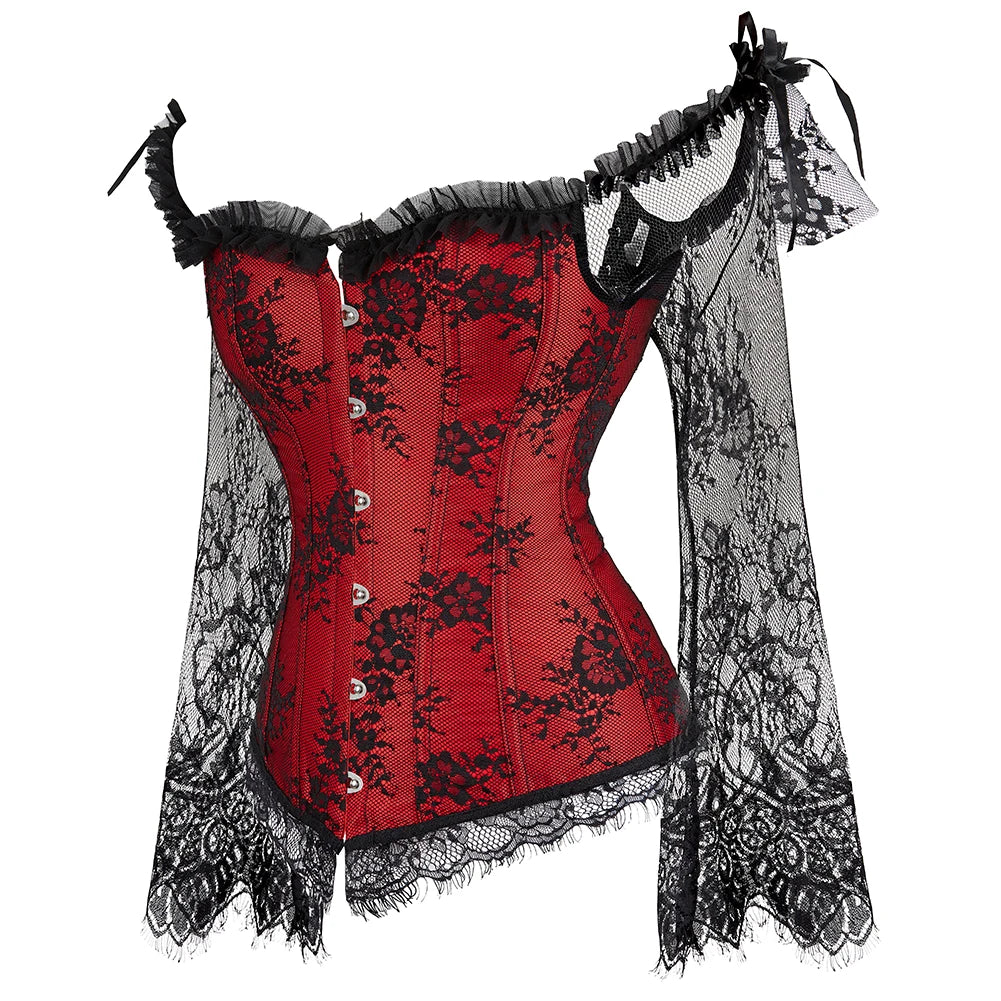 a red corset with black lace on it