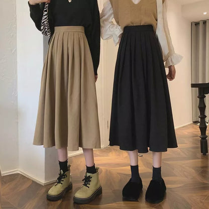 High Waist Pleated Korean Fashion College Style Long Skirt