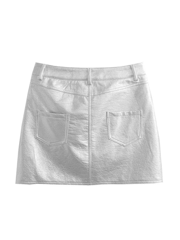 Faux Leather Silver Mini Skirt Vintage High Waist Zipper Fly Female Skirts