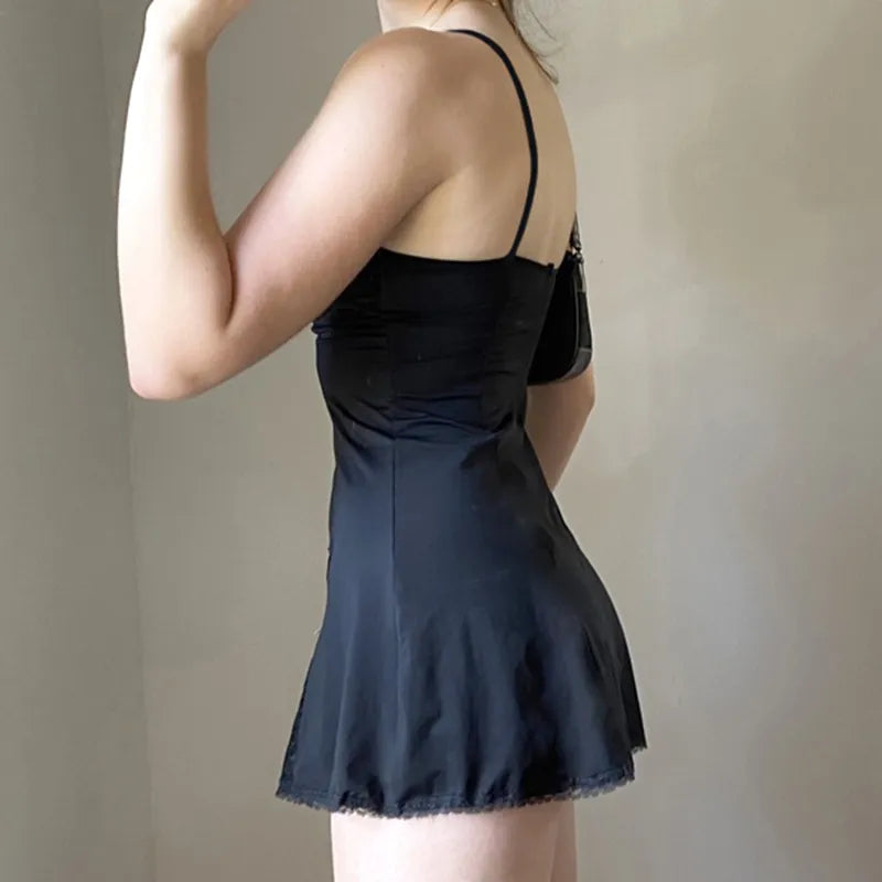 Cute Sweet Girl Lace Trim Outfits Sleeveless V Neck Black Mini Dress