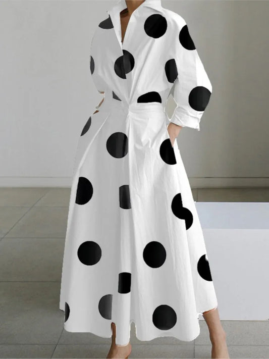 Long Sleeve Dot Print Elegant Maxi V Neck Shirt Party Long Dress