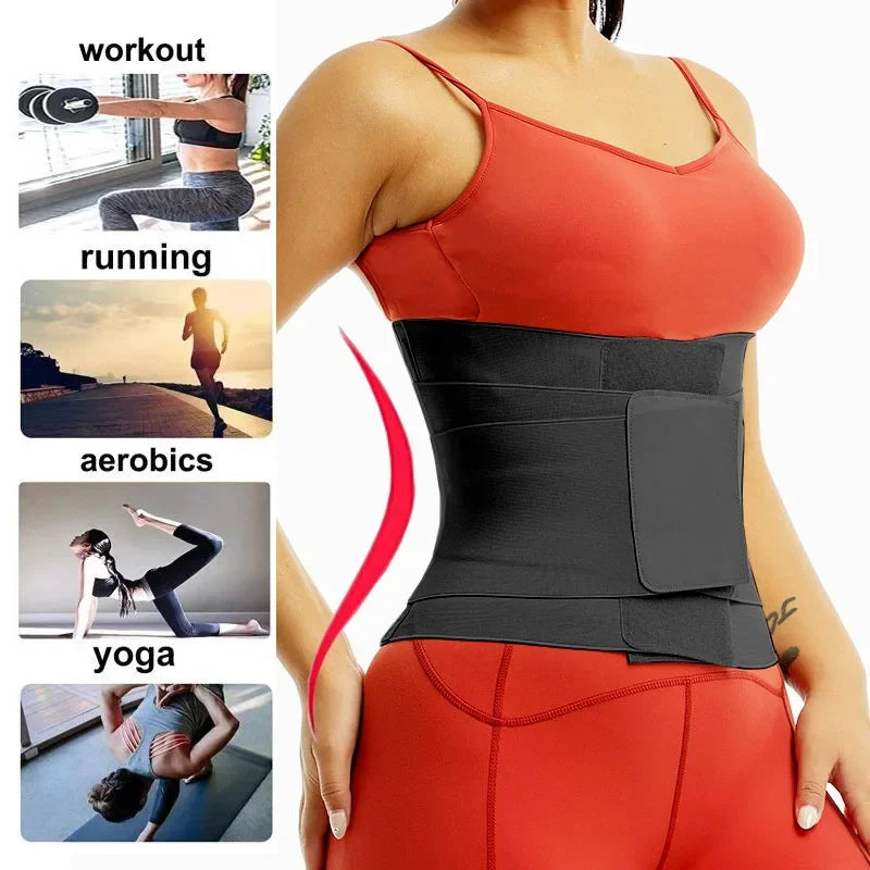 a woman in a red sports bra with a black waist trainer belt around her waist