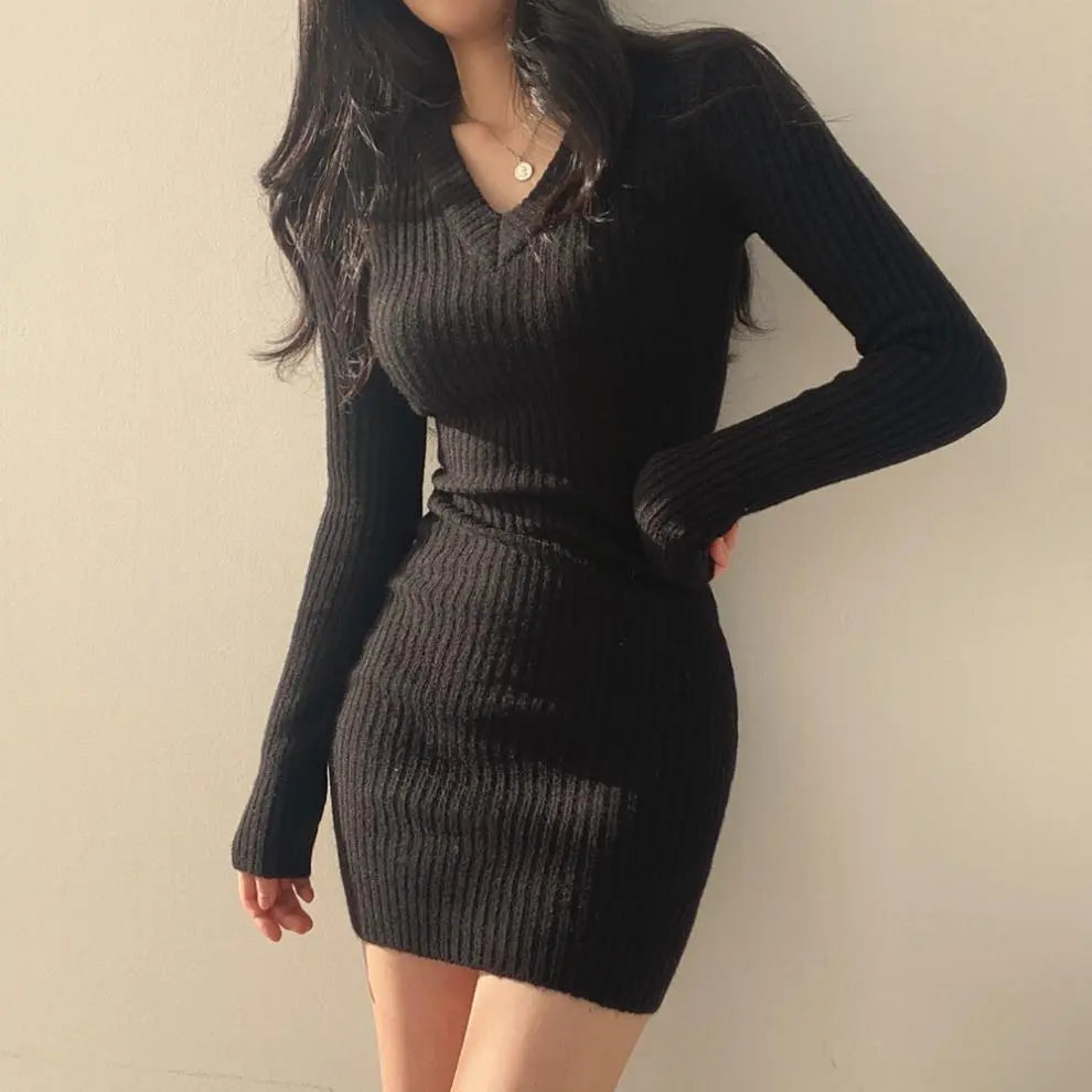 Solid Color V-Neck Long Sleeve Wrapped Hip Retro Knitted Mini Bodycon Dress