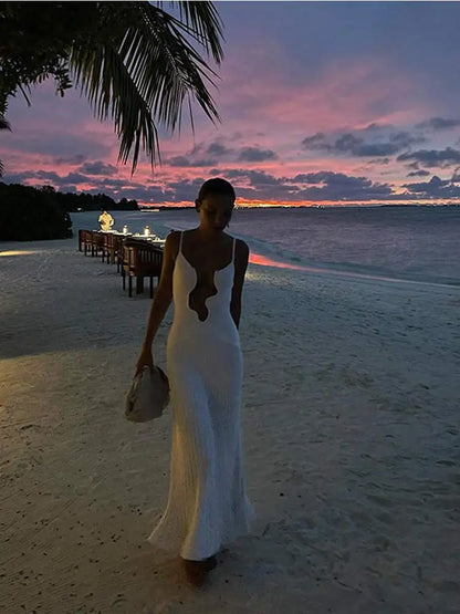 Solid Wavy Edge V Neck Sling Dress Fashion Sleeveless White Beach Dresses