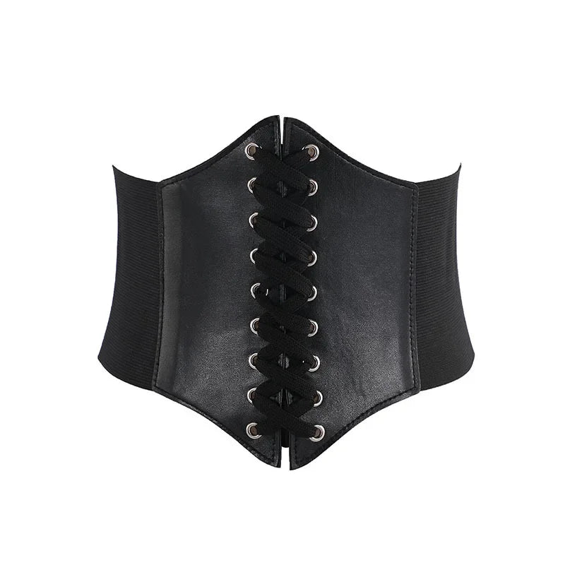 a black corset with black laces on it