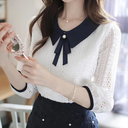 Spring Autumn Style Lace Blouses Shirt Collar Solid Color Half Sleeve Elegant Lace Tops