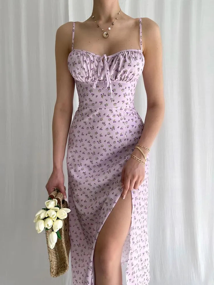 Sleeveless Satin Slip Floral Ruched Bandage Cut Out Mini Maxi Dress