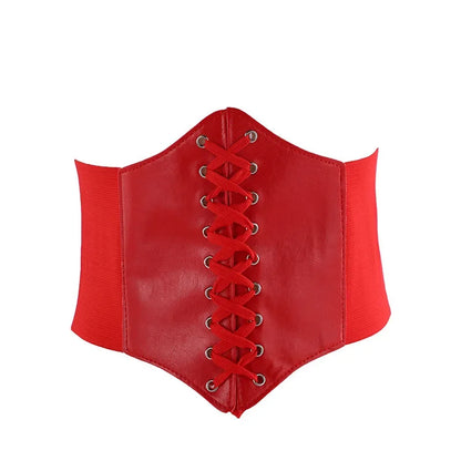 a red leather corset with laces on it