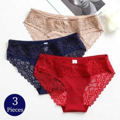 3PCS/Set Women's Panties Lace Silk Satin Underwear Sexy Lingerie Underpants