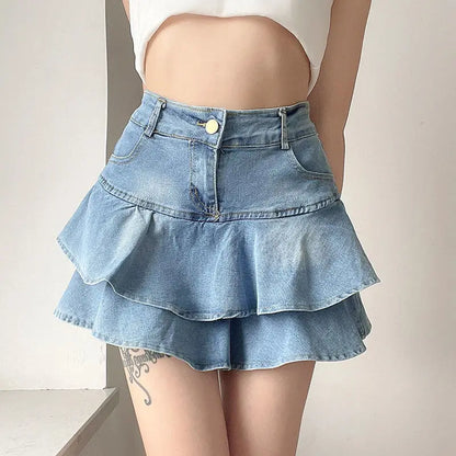 Korean Fashion High Waist A-line Slim Cute Sexy Mini Jean Ruffle Skirt