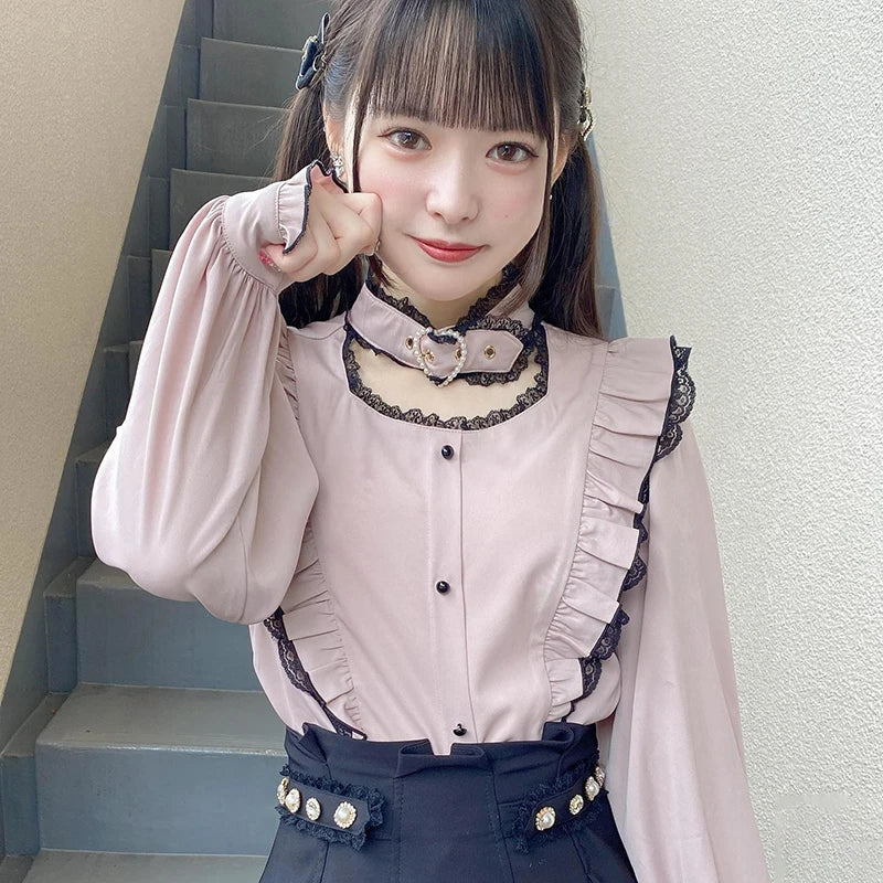 Cute Jirai Japanese Style Blouse Elegant Long Sleeve Sweet Top