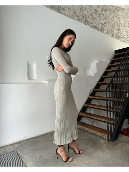 Autumn Solid Maxi Long Elegant Pullover Bodycon Slim Streetwear Knitted Dress