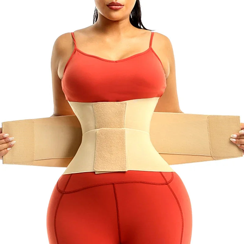 a woman wearing a red top and a beige waist trainer belt