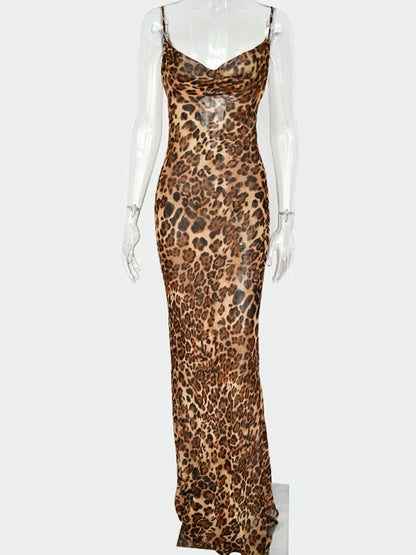 Leopard Print V-Neck Sexy Bodycon Long Straps Party Dress