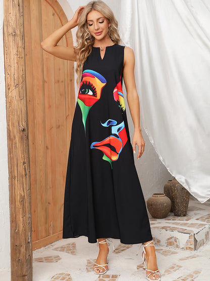Black Sleeveless V-neck Loose Print Vintage Beach Party Dresses