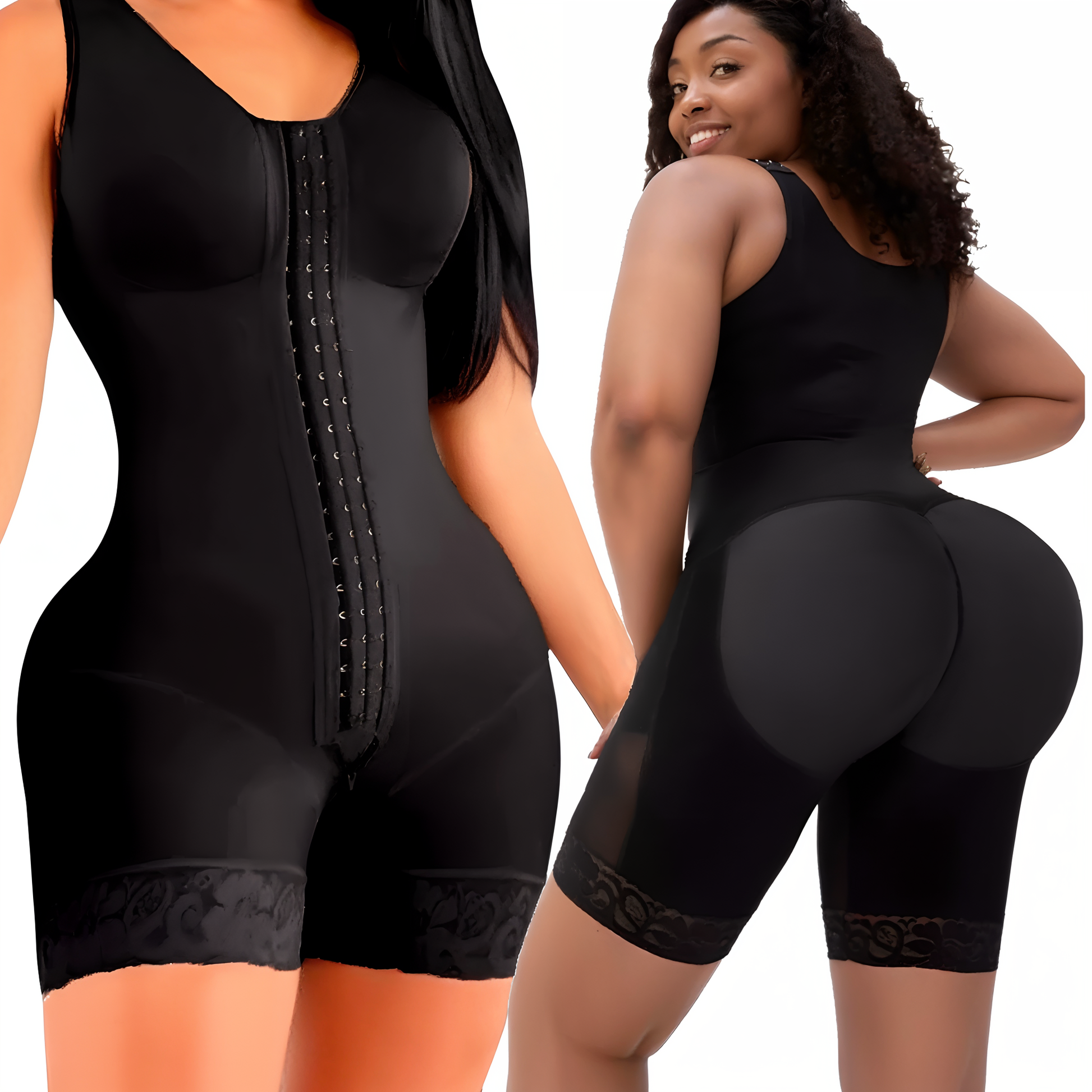 a woman in a black butt lifter postpartum girdle bbl bodysuit and a woman in a black bodysuit