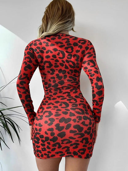 Leopard Printing Mini V-Neck Long Sleeve Sexy Pleated Tight Dress - enviablebeauty.com