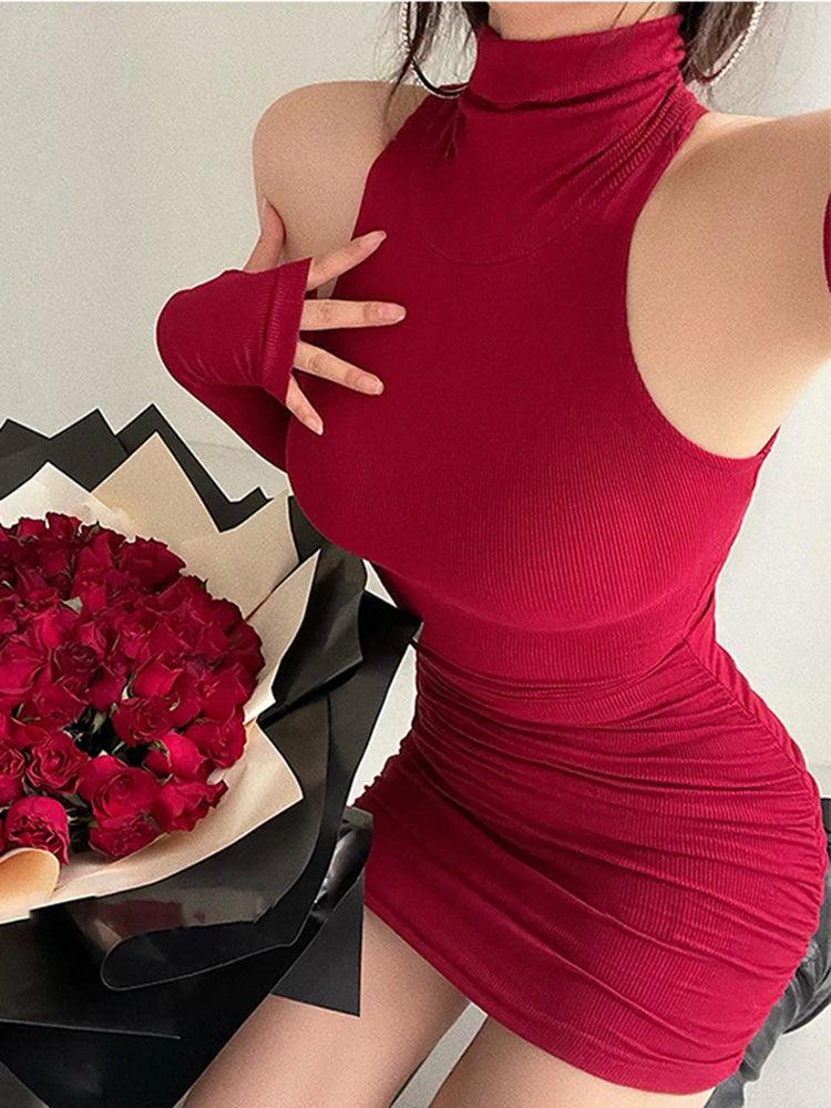 Sexy High Neck Oversleeve Pleated Bottom Wrapped Hip Bodycon Tight Dresses - enviablebeauty.com