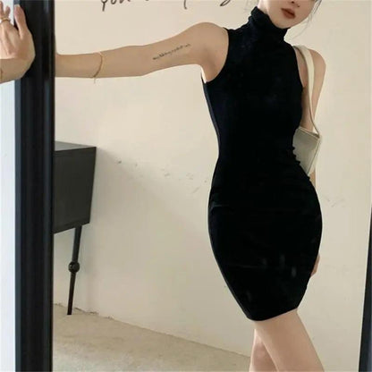 Sexy High Neck Oversleeve Pleated Bottom Wrapped Hip Bodycon Tight Dresses - enviablebeauty.com