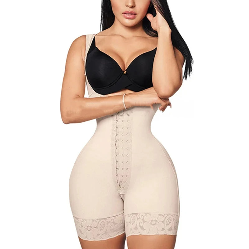 a woman in a black bra and a beige Butt Lifter Postpartum Girdle BBL Underbust Bodysuit