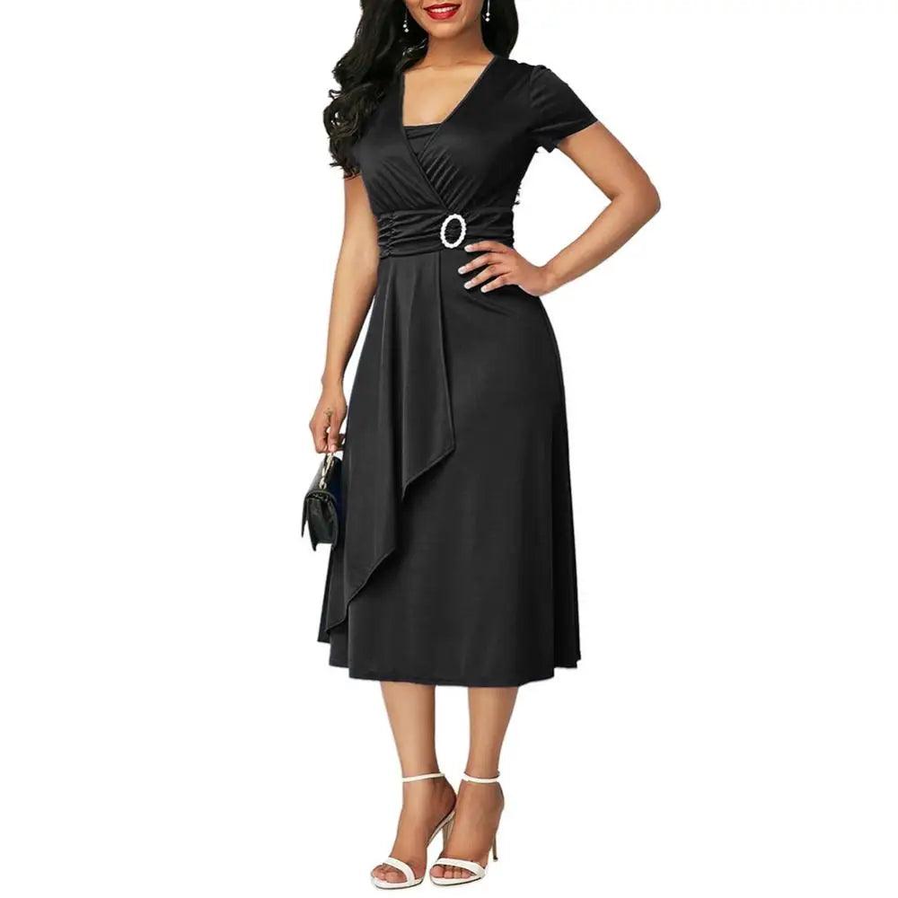 Solid Color Short Sleeve V Neck Asymmetric Hem Waist Tight Midi Party Dress - enviablebeauty.com